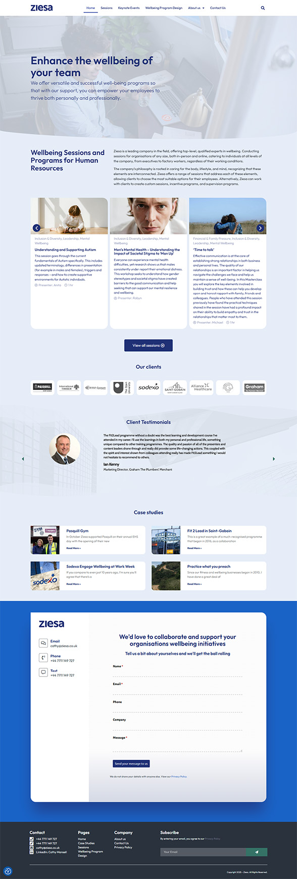 Full-page screenshot of the Ziesa homepage, showing a clean, professional layout for a business consultancy website.