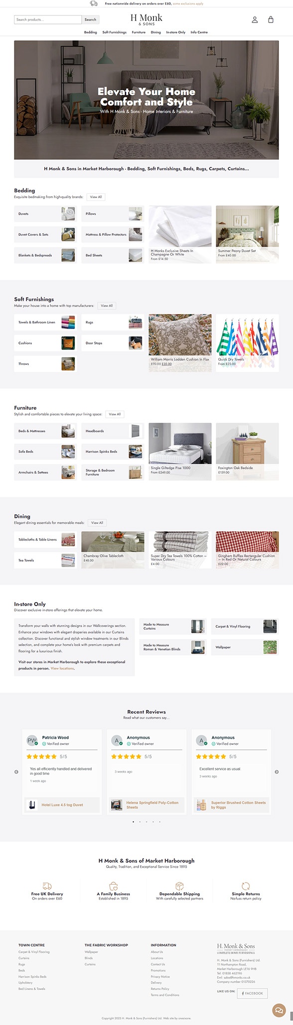 Full-page screenshot of the H Monk & Sons homepage, highlighting their home interiors e-commerce layout and product categories.