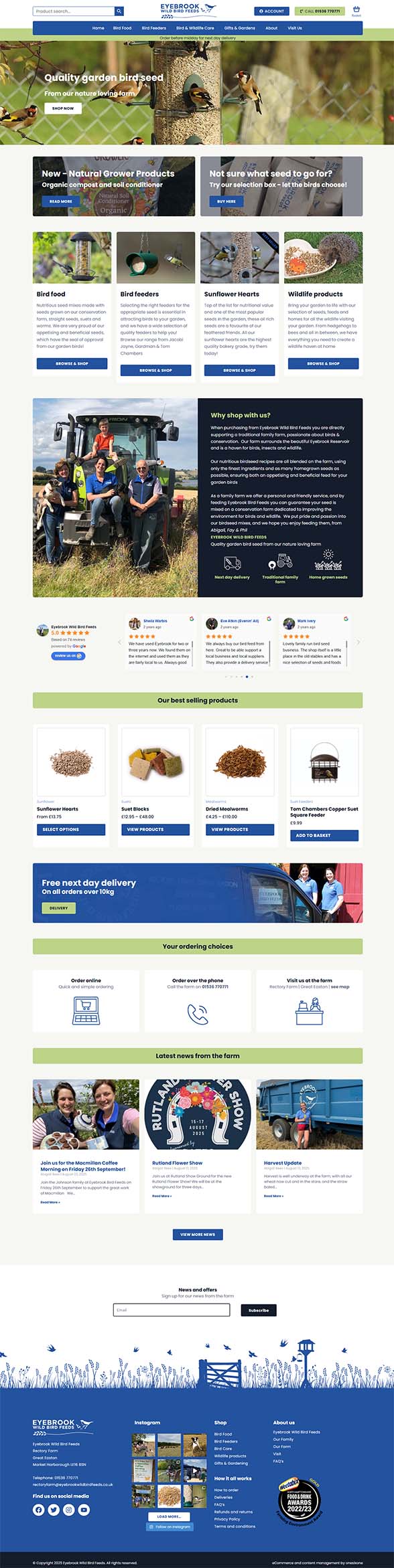 Full-page screenshot of the Eyebrook Wild Bird Feeds homepage, showing accessible navigation and online shop layout for bird feed