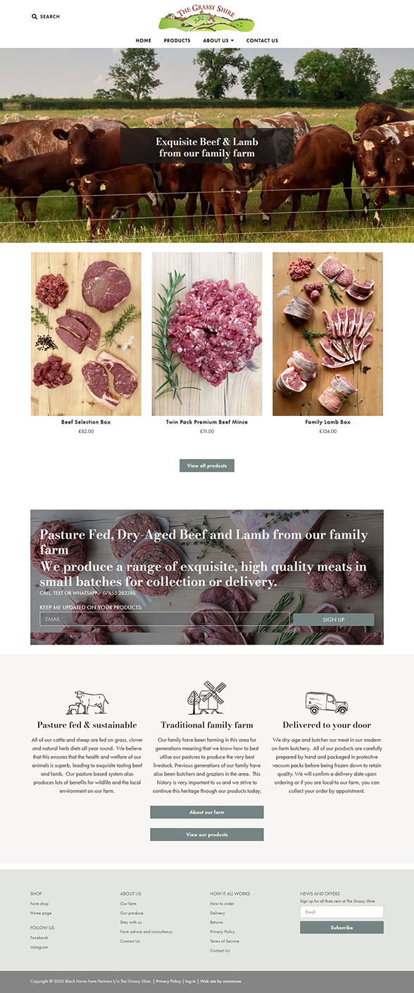 Full-page screenshot of The Grassy Shire homepage, showing a rustic e-commerce design with farm produce and natural photography.