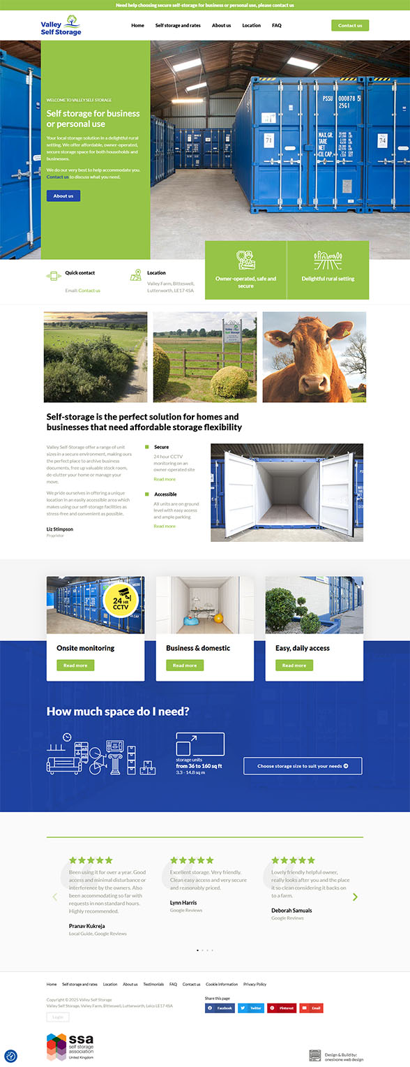 Full-page screenshot of the Valley Self Storage homepage, showing a refreshed rural-inspired design with clear navigation and editable content areas.