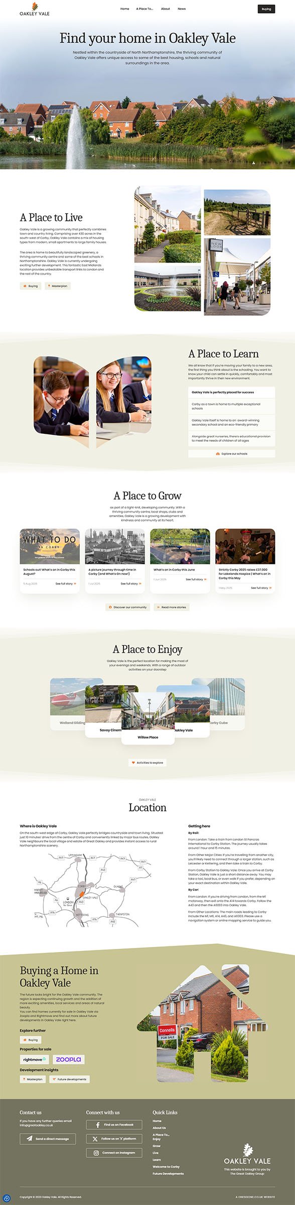 Full-page screenshot of the Oakley Vale community website homepage, highlighting local information, events, and navigation features.