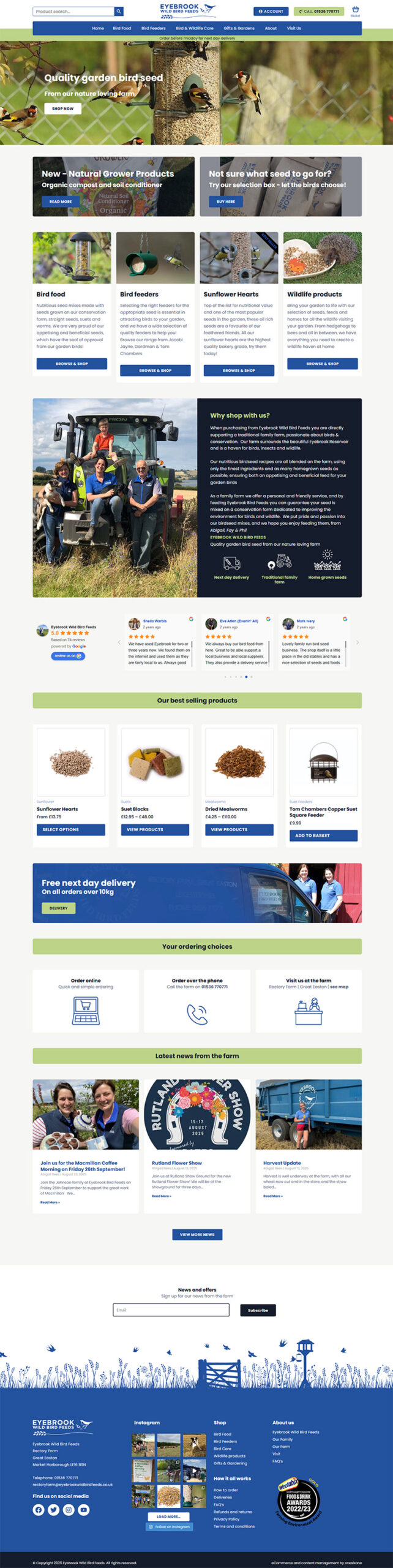 WooCommerce website for Eyebrook Wild Bird Feeds, featuring farm-grown birdseed, clear navigation, and easy online ordering.