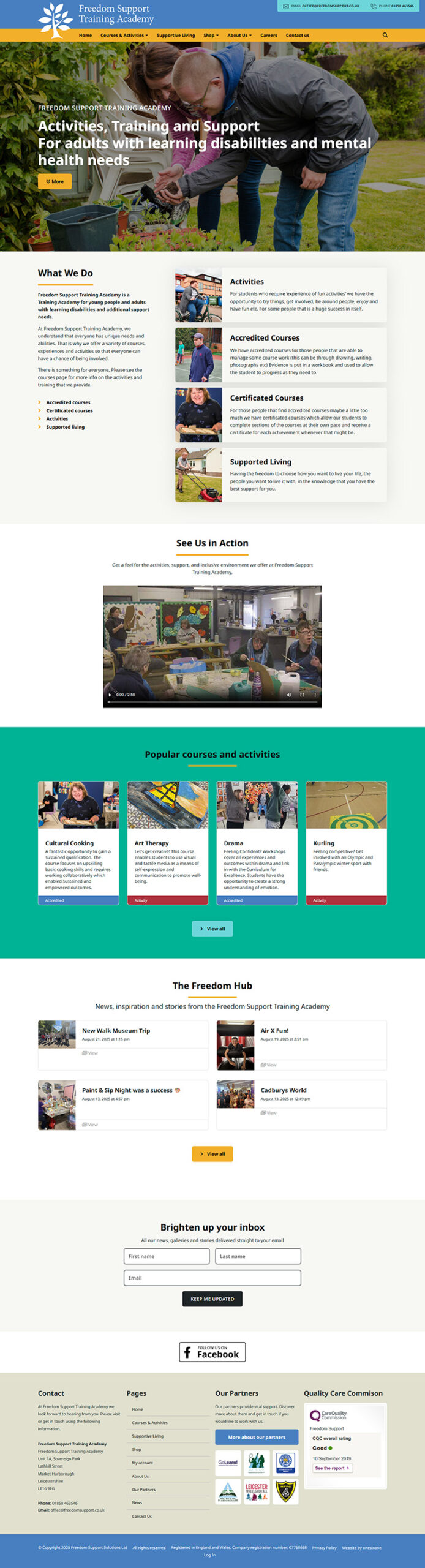Training website for Freedom Support, designed to present accredited health and social care courses in a welcoming format.