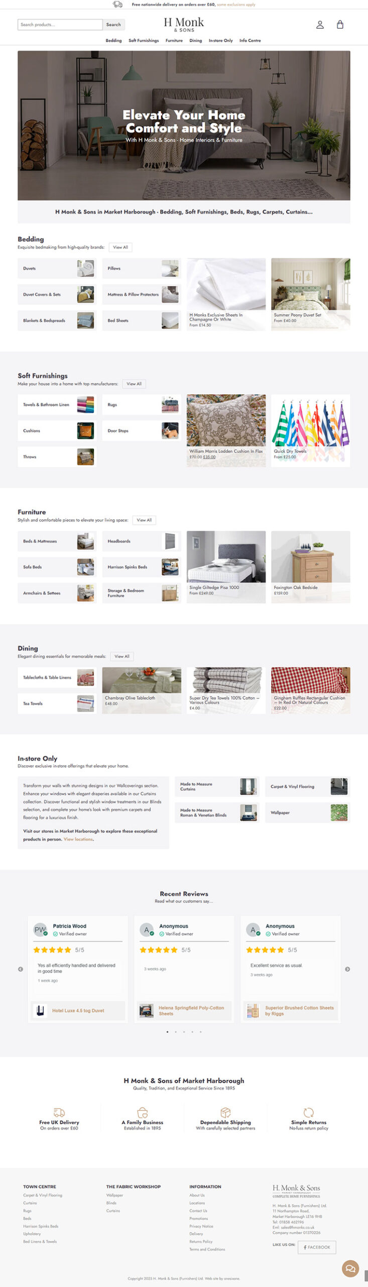 E-commerce website for H Monk & Sons, showcasing soft furnishings, flooring, and bedding in a clear and accessible layout.