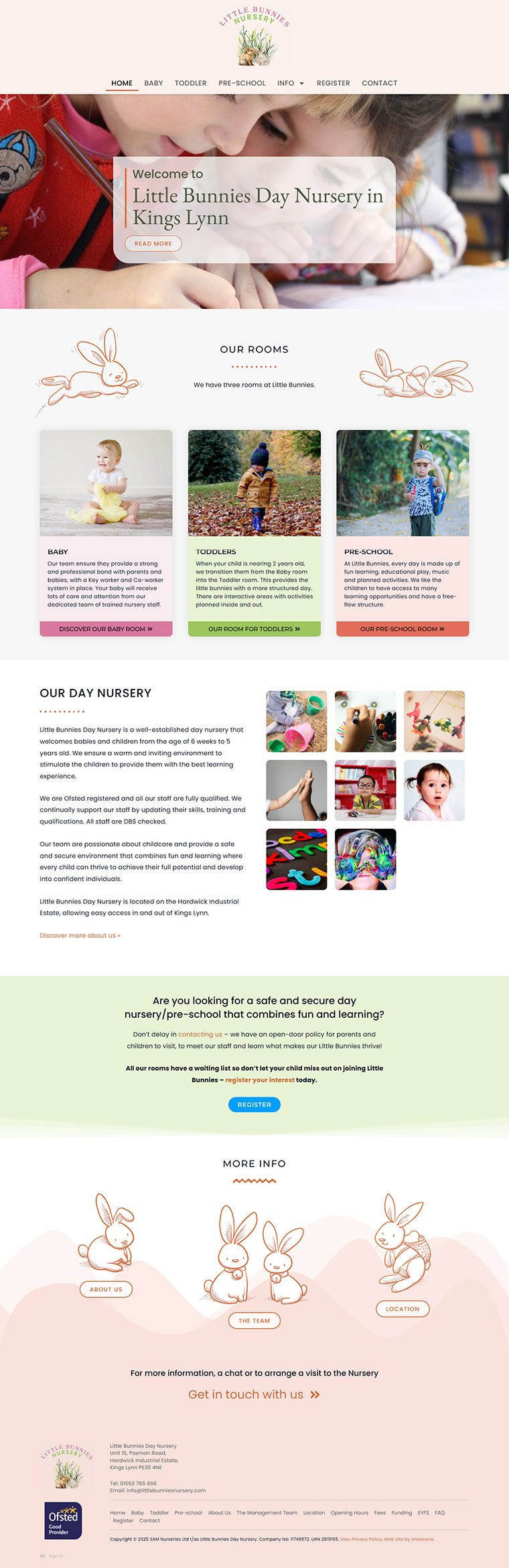 Website for Little Bunnies Nursery, designed to offer clear, friendly information for parents in a warm and welcoming layout.