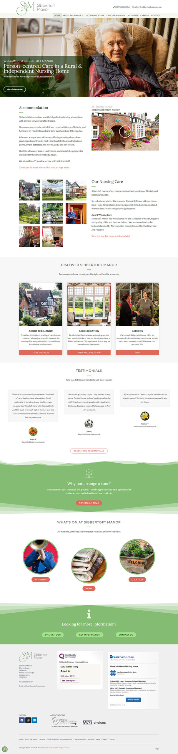 Care home website for Sibbertoft Manor, rebuilt with a classic design, virtual tour features, and accessible information layout.