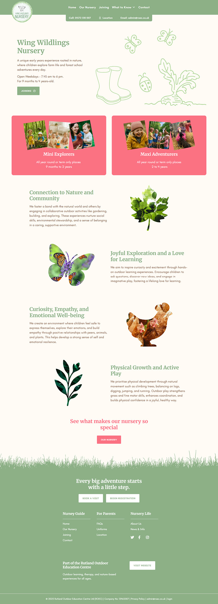 Nursery website for Wing Wildlings, combining nature-inspired design with practical parent information and seasonal updates.