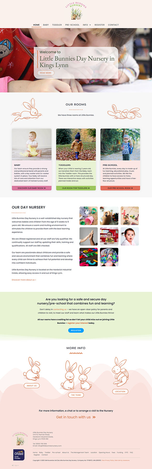 Full-page screenshot of the Little Bunnies Nursery homepage, showing a friendly and informative website for a childcare provider.