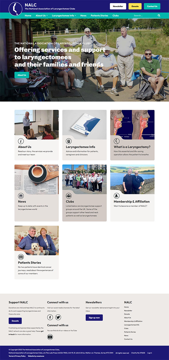 Full-page screenshot of the Laryngectomy.org.uk homepage, showing a clear and accessible design for a health information website.