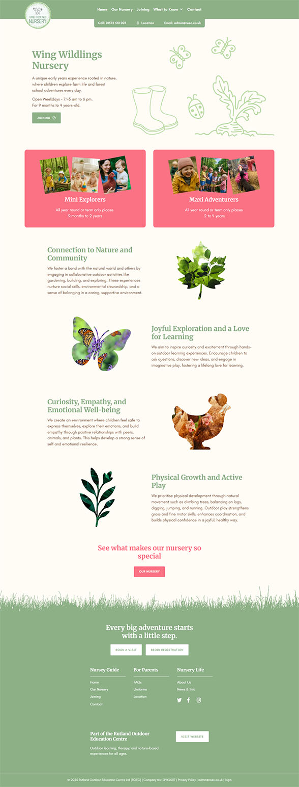 Full-page screenshot of the Wing Wildlings Nursery homepage, showing a nature-inspired design with playful visuals and family-friendly navigation.